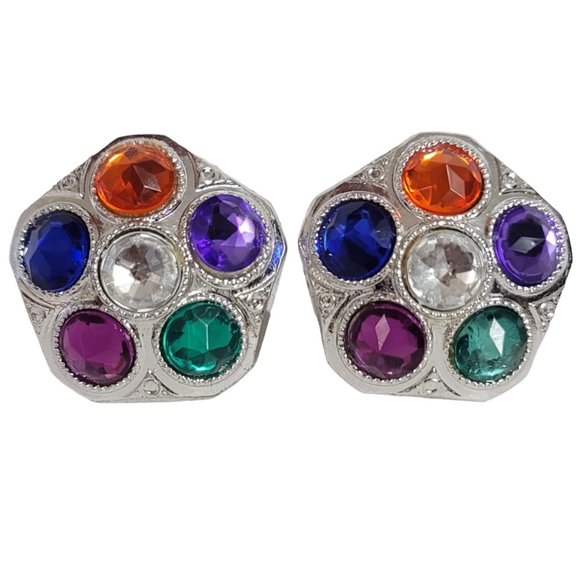 Silver Tone Gilt Style Star Multi Color Plastic Clip-On Earrings E105 - Picture 1 of 8